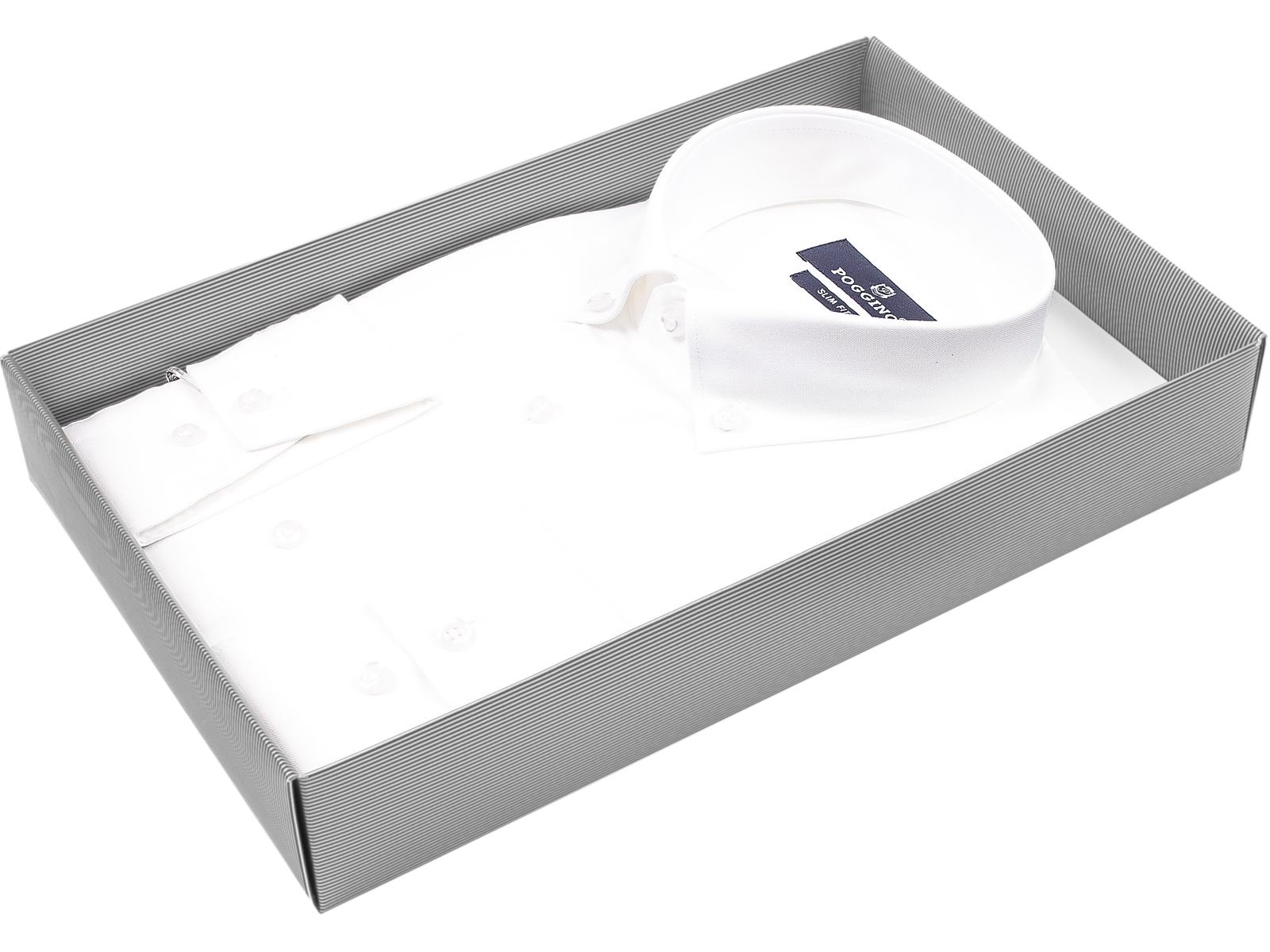Белая приталенная мужская рубашка Poggino 6001-12 с длинными рукавами и воротником баттен-даун купить в Москве недорого