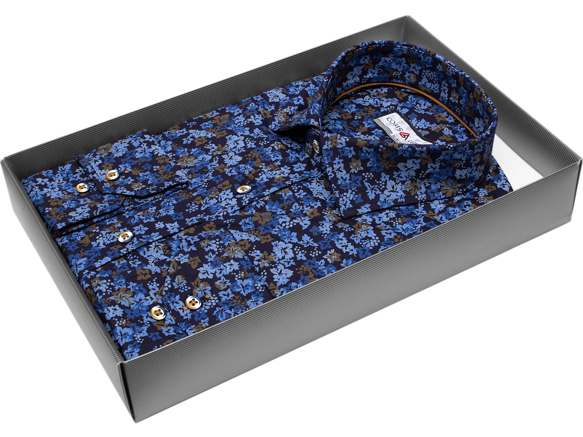 Мужская рубашка Louis Amava приталенный цвет темно синий в листьях купить в Москве недорого