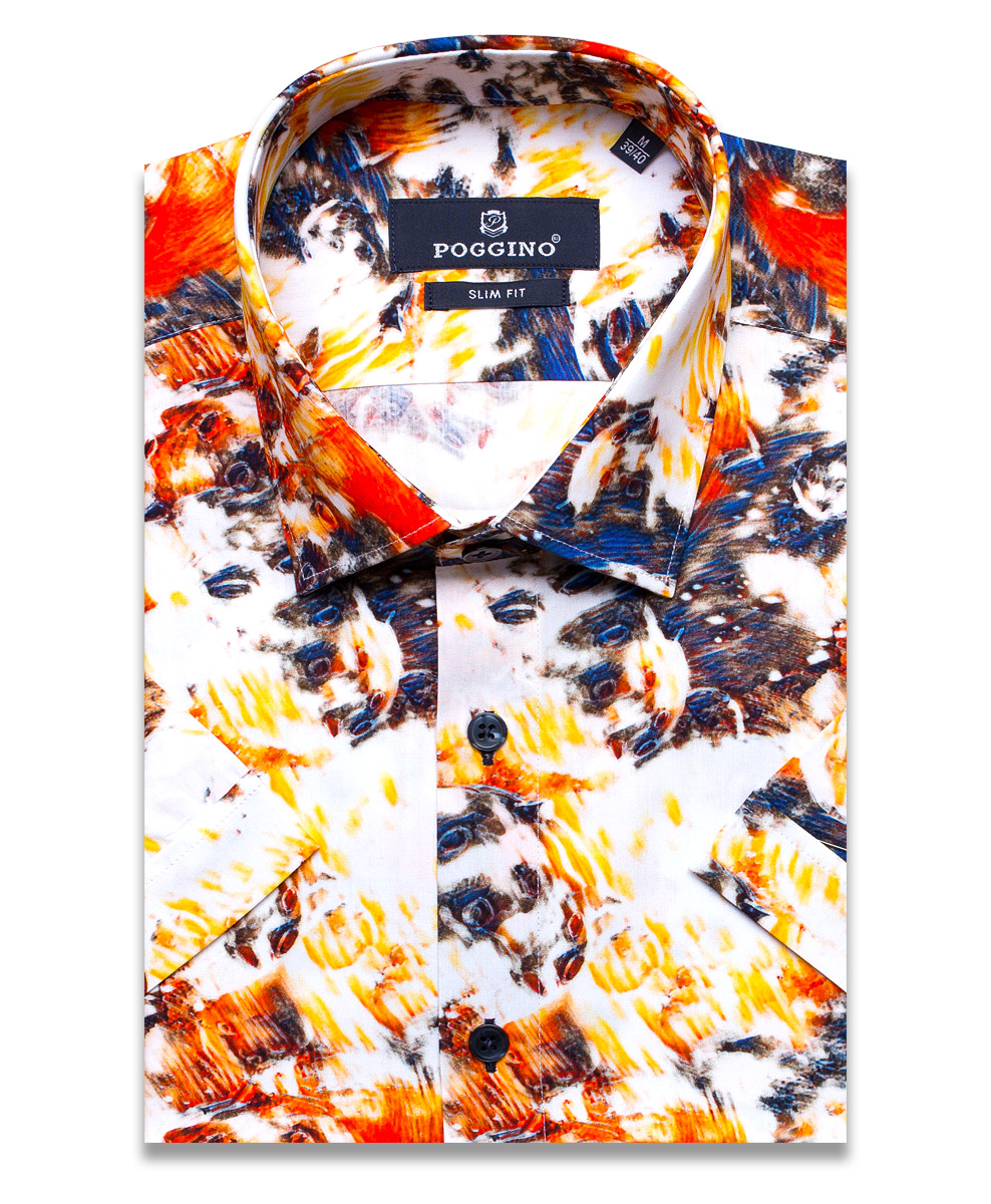 Разноцветная приталенная мужская рубашка Poggino 7002-17 в абстракции с коротким рукавом