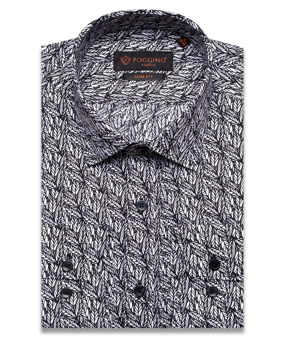 Черная приталенная мужская рубашка Poggino 7000-43 в листьях с длинными рукавами