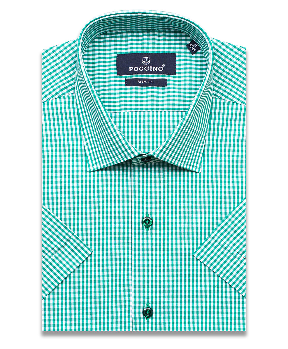 Зеленая приталенная мужская рубашка Poggino 7002-23 в клетку с коротким рукавом