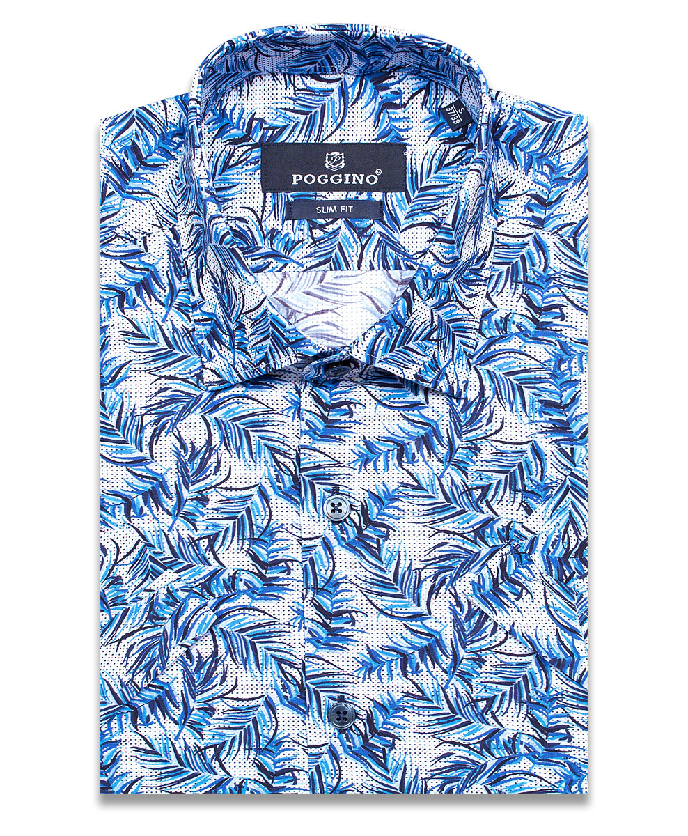 Синяя приталенная мужская рубашка Poggino 7004-13 в листьях с коротким рукавом