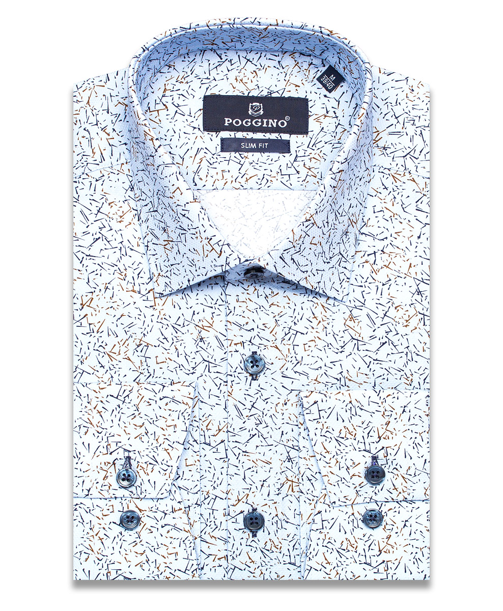 Голубая приталенная мужская рубашка Poggino 7012-23 в узорах с длинными рукавами