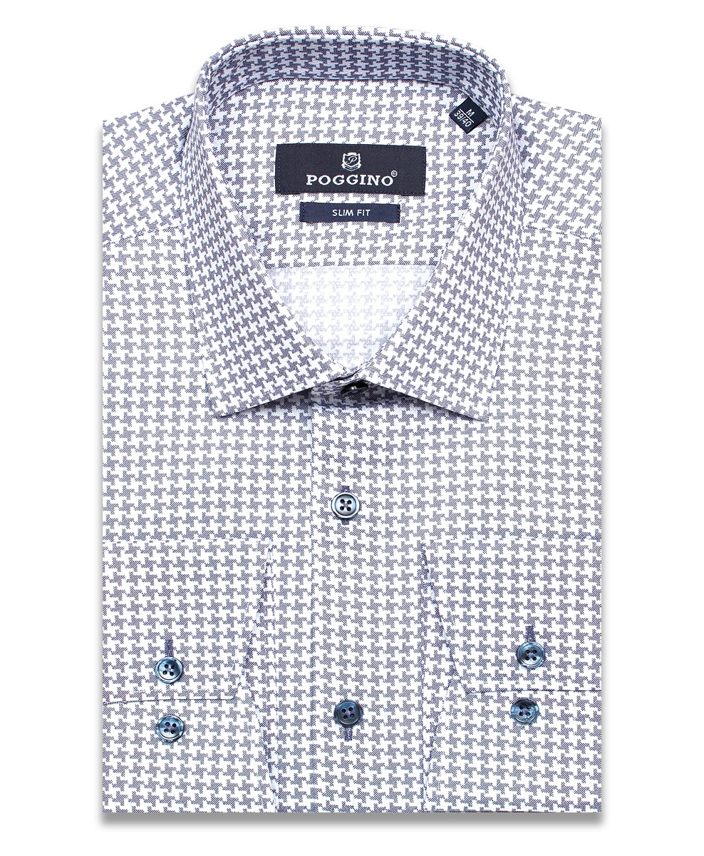 Серая приталенная мужская рубашка Poggino 7012-11 в узорах с длинными рукавами