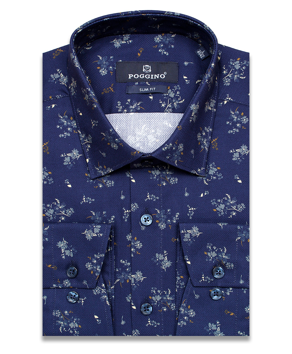 Темно-синяя приталенная мужская рубашка Poggino 7012-14 в цветочек с длинными рукавами