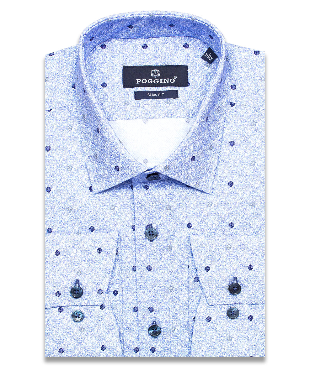 Голубая приталенная мужская рубашка Poggino 7012-33 в цветах с длинными рукавами