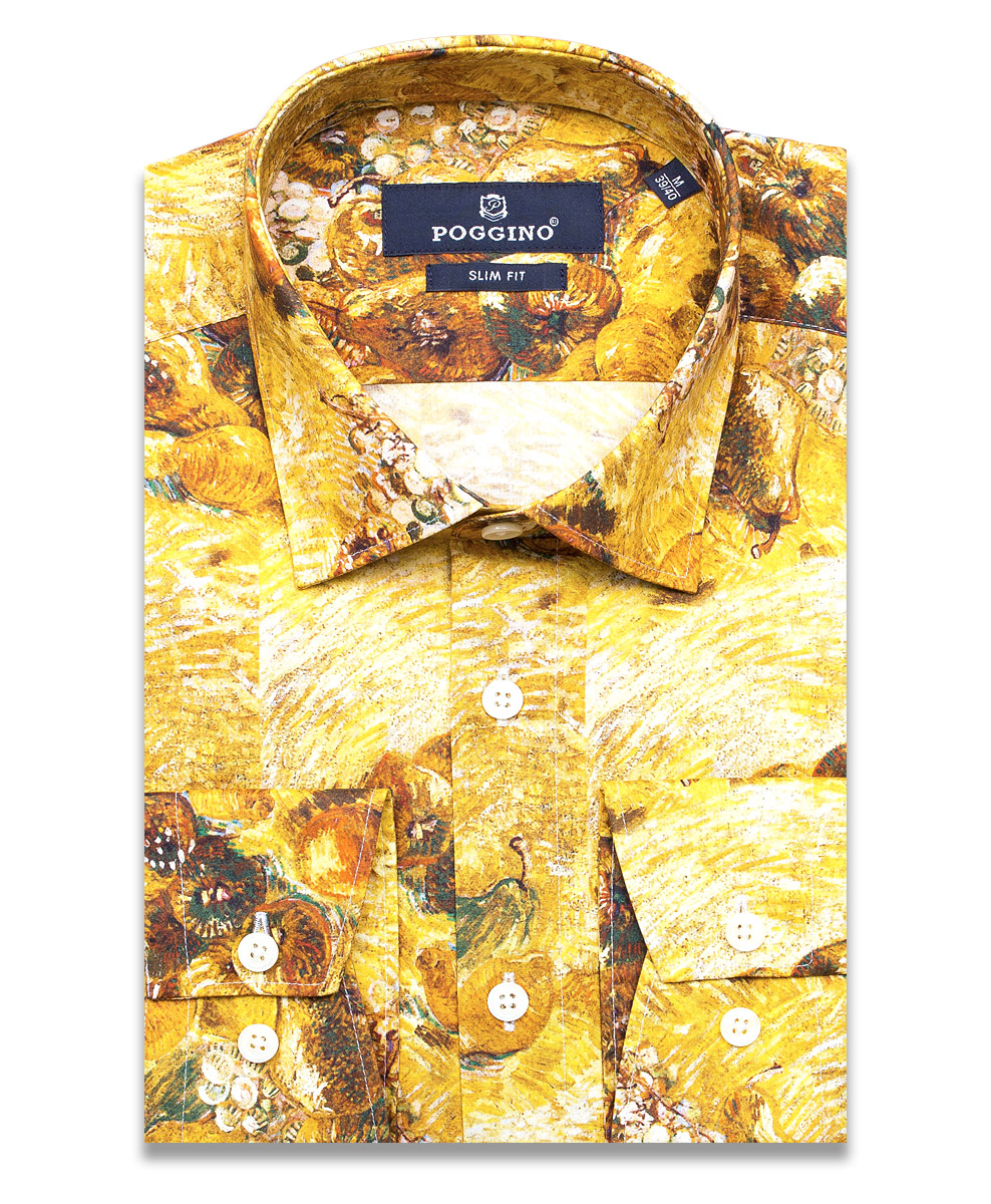 Разноцветная приталенная мужская рубашка Poggino 5010-150 в абстракции с длинными рукавами