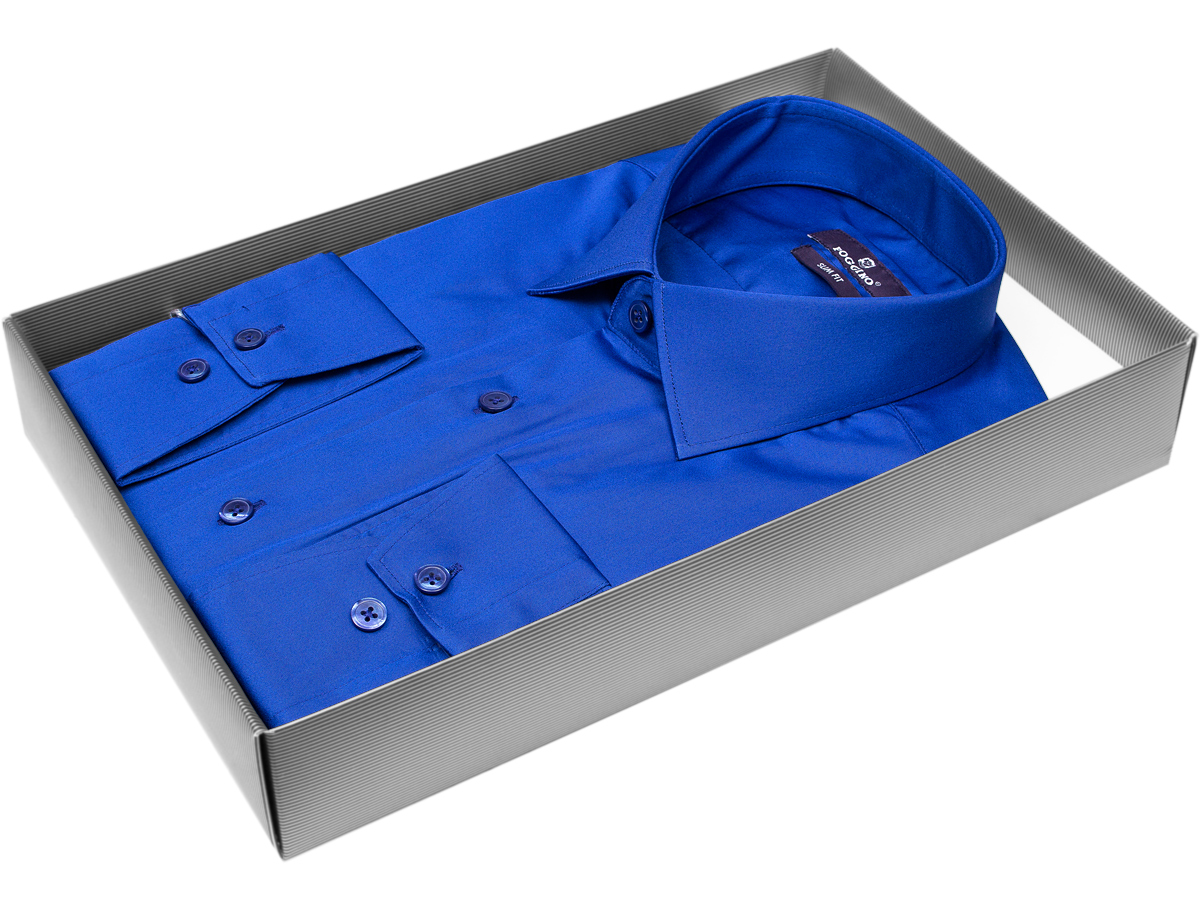 Стильная мужская рубашка Poggino 7016-06 силуэт приталенный стиль классический цвет королевский синий однотонный 100% хлопок