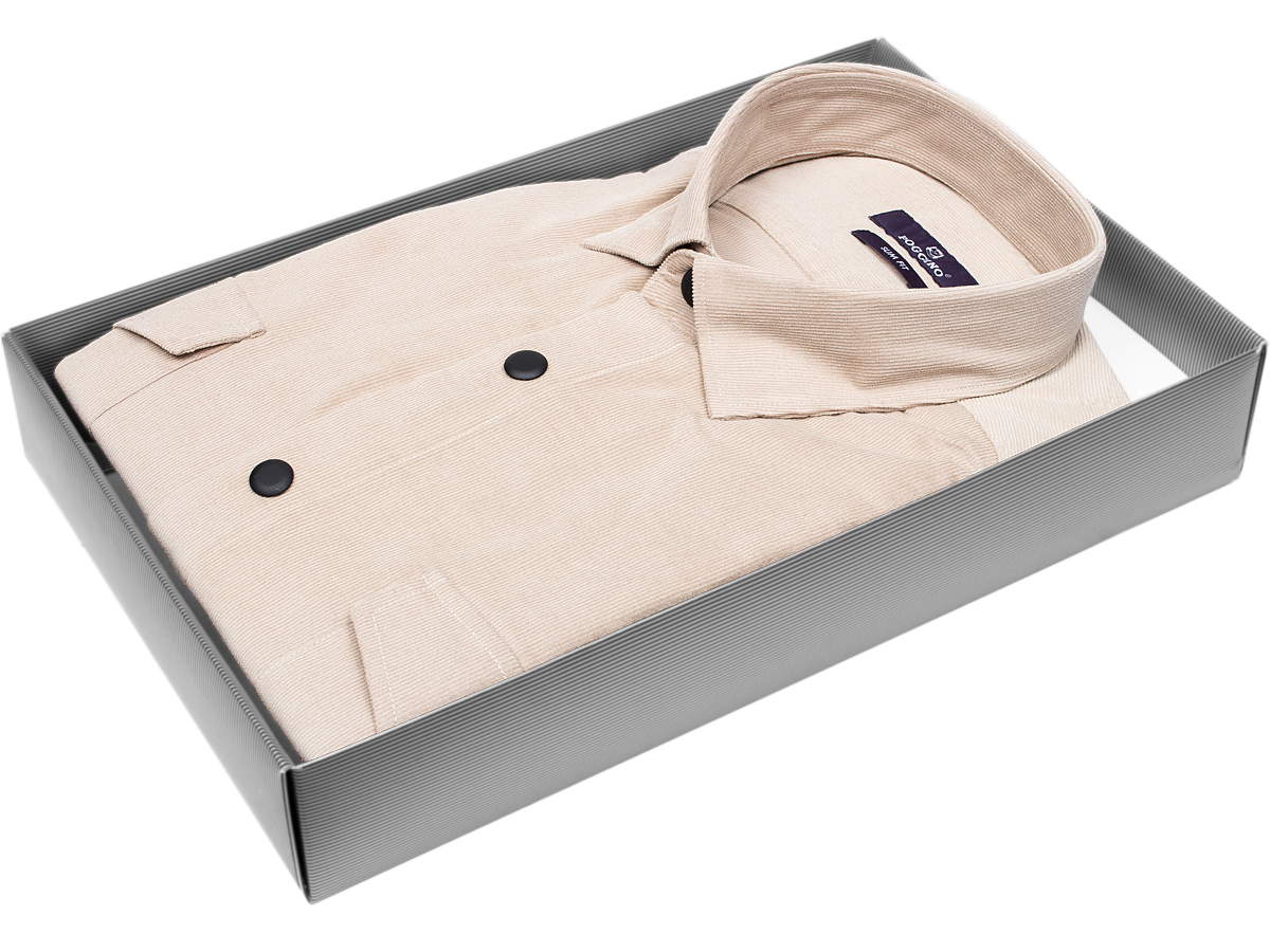 Стильная мужская рубашка Poggino 7017-89 силуэт приталенный стиль casual цвет бежевый в полоску 100% хлопок