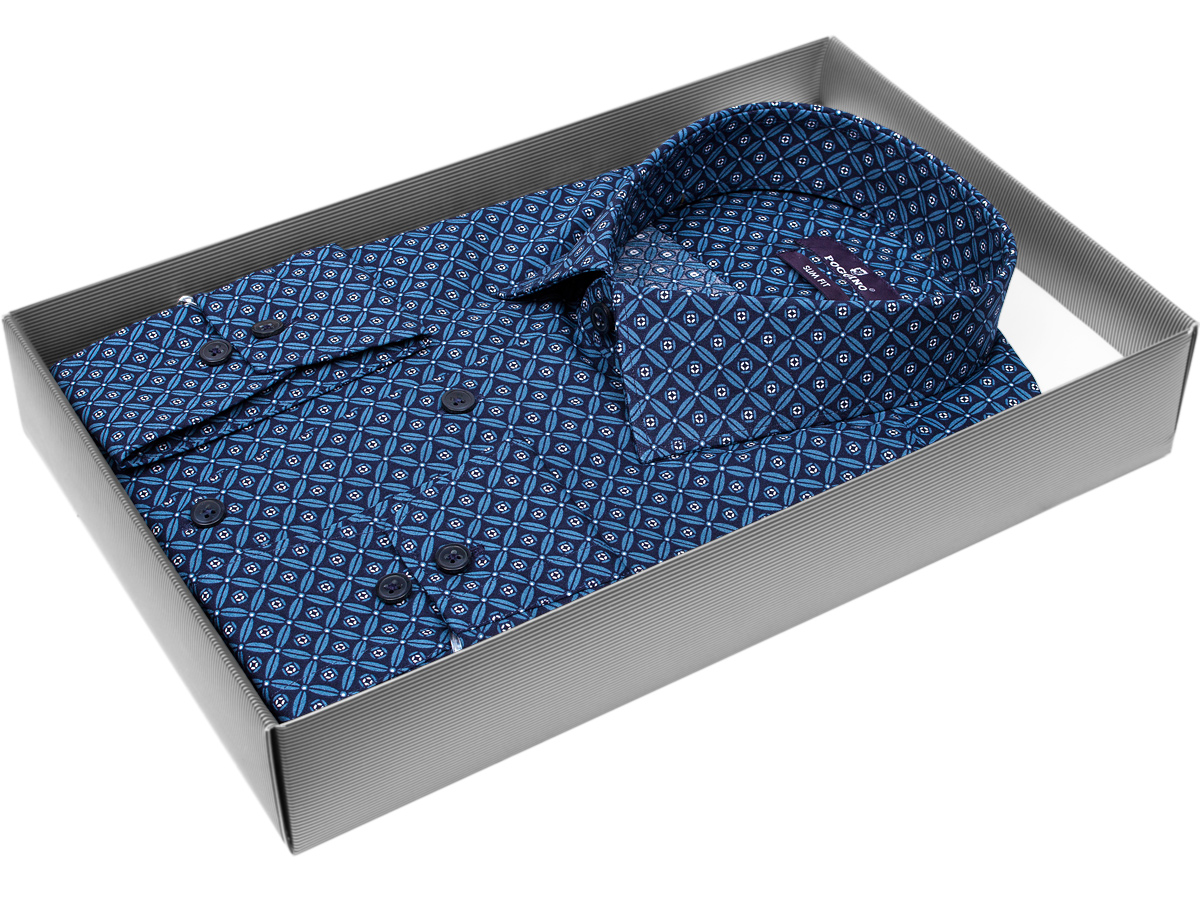 Темно-синяя приталенная мужская рубашка Poggino 7017-38 в клетку с длинными рукавами