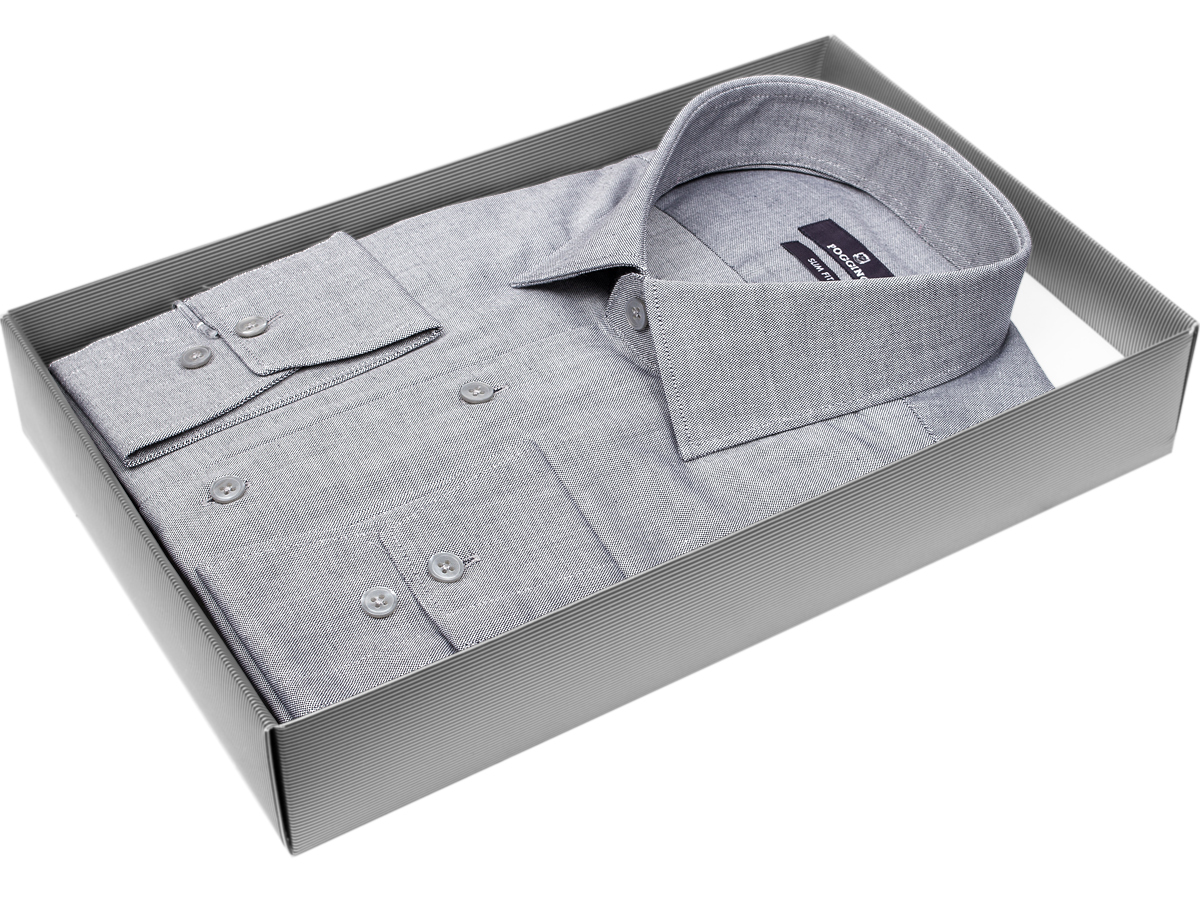 Брендовая мужская рубашка Poggino 7017-30 силуэт приталенный стиль классический цвет серый меланж 100% хлопок