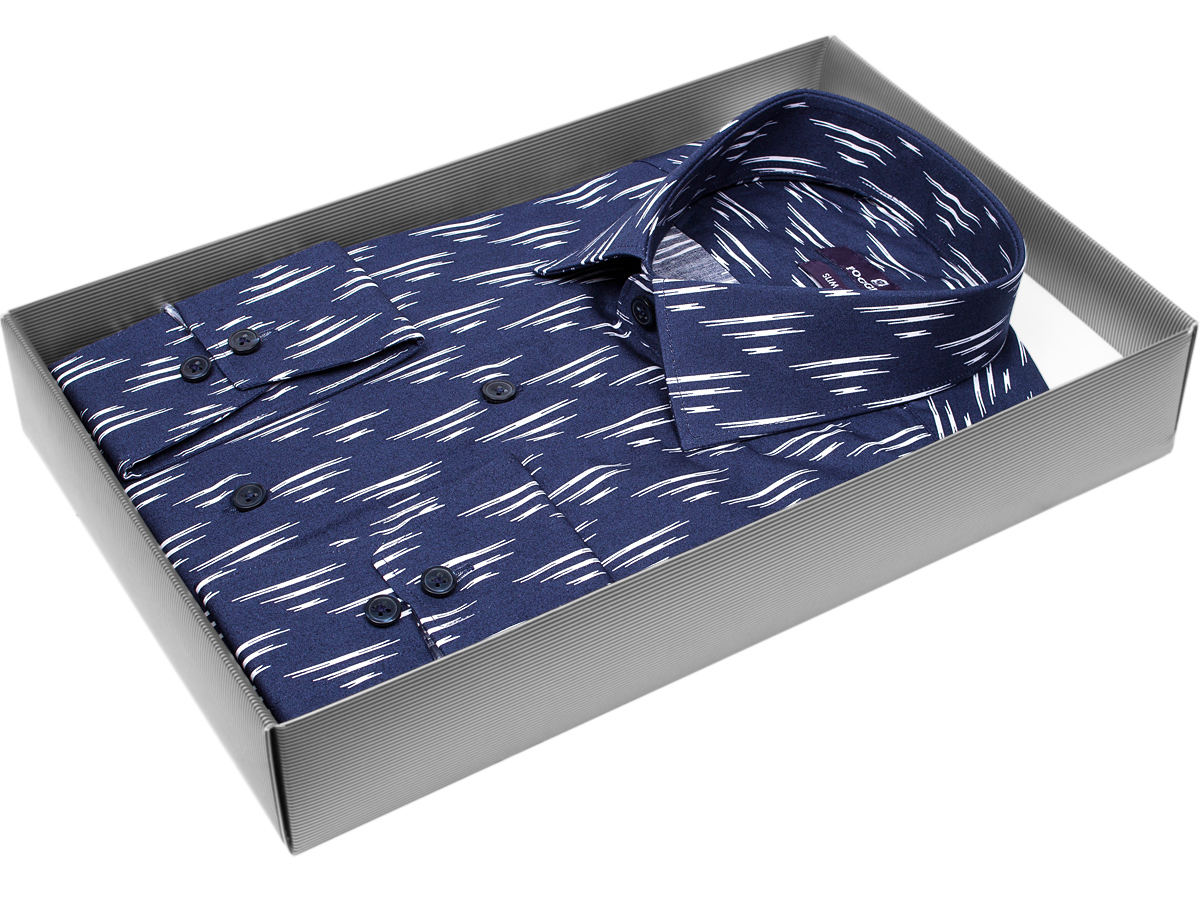 Приталенная мужская рубашка Poggino 7017-41 рукав длинный стиль casual цвет темно синий в отрезках 100% хлопок