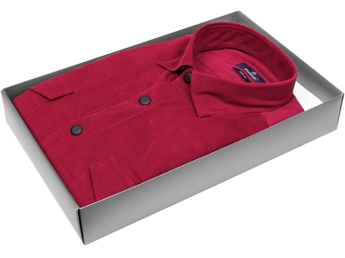 Брендовая мужская рубашка Poggino 7017-83 силуэт приталенный стиль casual цвет бордовый однотонный 100% хлопок