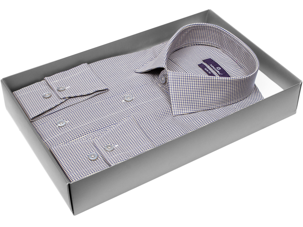 Удобная мужская рубашка Poggino 7017-26 рукав длинный силуэт приталенный стиль классический цвет серый в клетку 100% хлопок