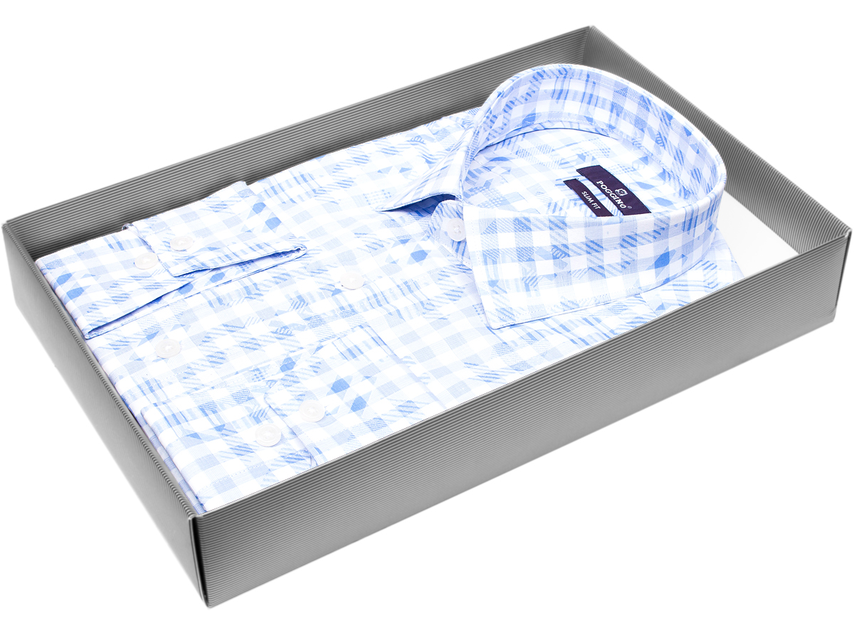 Удобная мужская рубашка Poggino 7017-15 рукав длинный силуэт приталенный стиль casual цвет голубой в клетку 100% хлопок