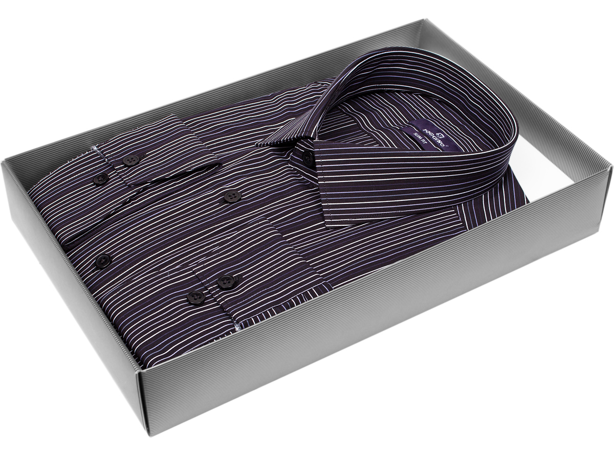 Брендовая мужская рубашка Poggino 7017-63 силуэт приталенный стиль классический цвет черный в полоску 100% хлопок