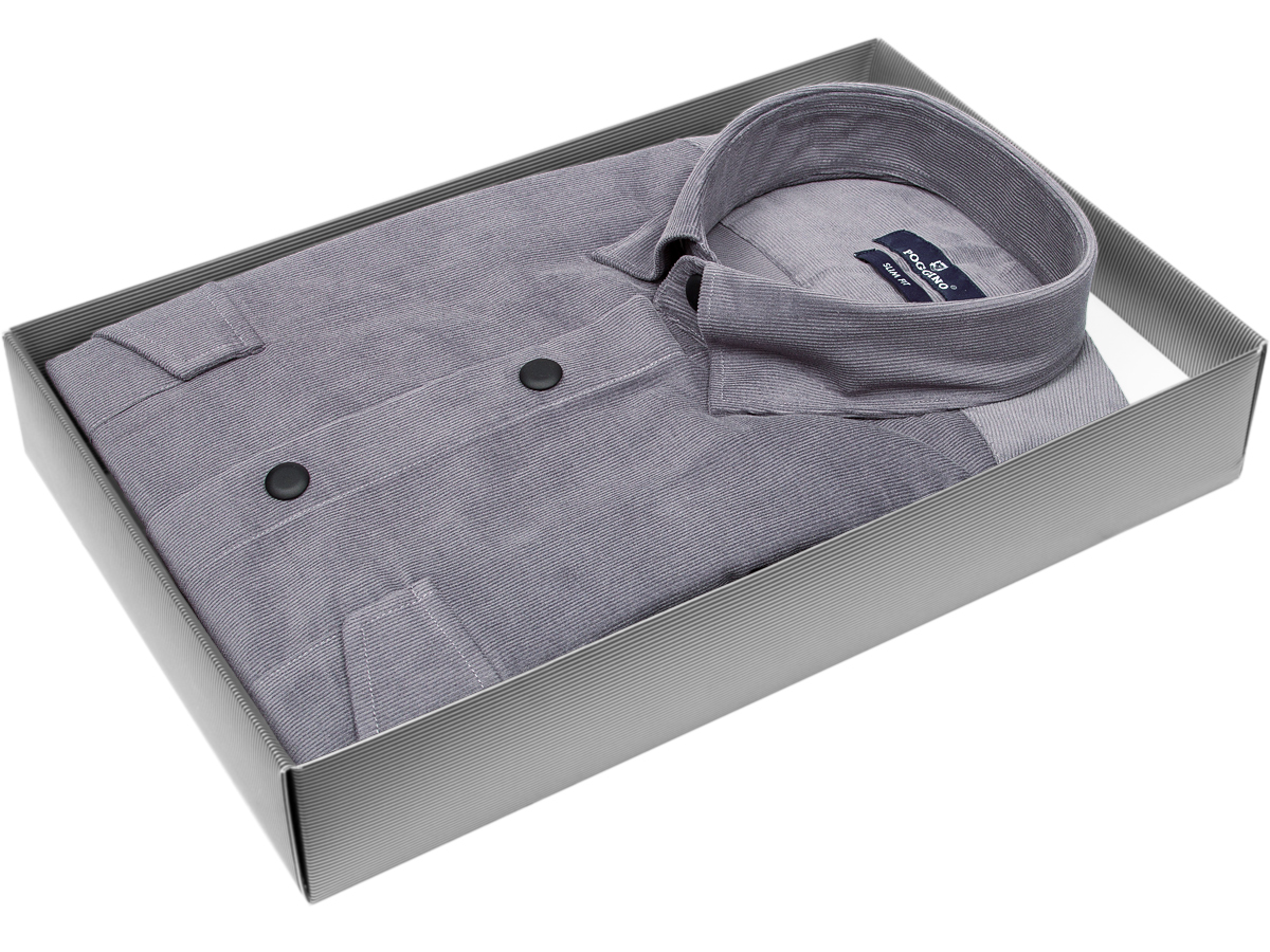Стильная мужская рубашка Poggino 7017-88 силуэт приталенный стиль casual цвет серый однотонный 100% хлопок