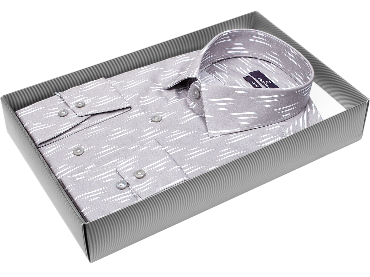 Брендовая мужская рубашка Poggino 7017-42 силуэт приталенный стиль casual цвет серый в отрезках 100% хлопок