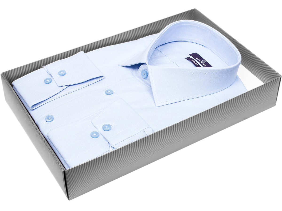 Стильная мужская рубашка Poggino 7017-29 силуэт приталенный стиль классический цвет голубой однотонный 100% хлопок