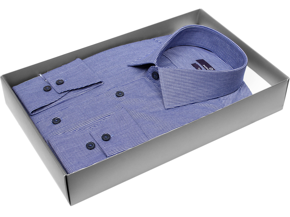 Яркая мужская рубашка Poggino 7017-70 рукав длинный силуэт приталенный стиль классический цвет синий в полоску 100% хлопок