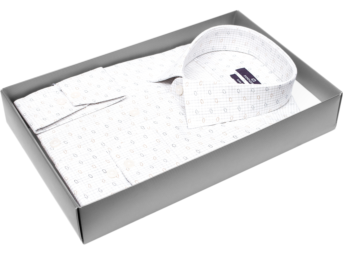 Удобная мужская рубашка Poggino 7017-13 рукав длинный силуэт приталенный стиль классический цвет светло-серый в клетку 100% хлопок