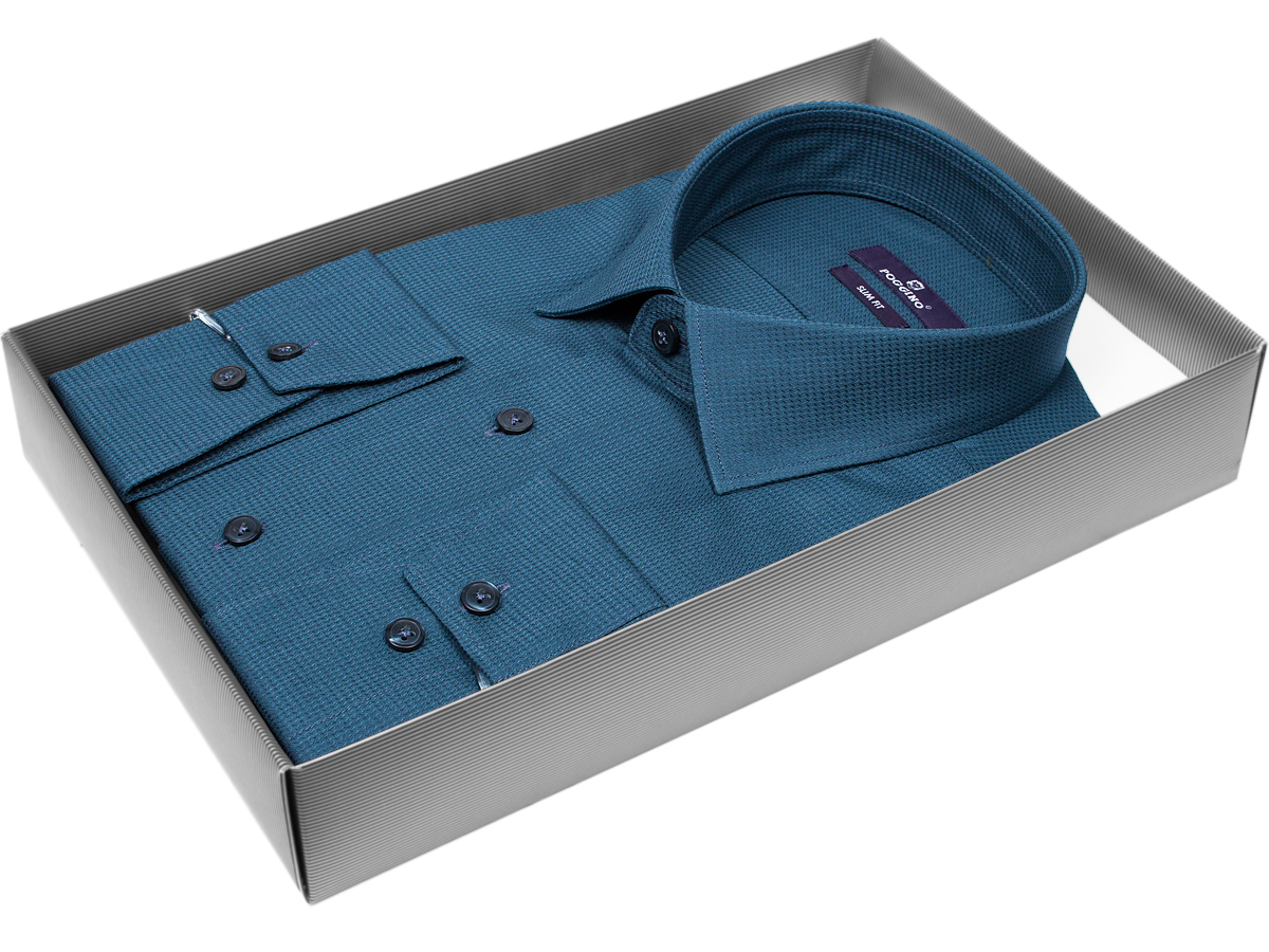 Модная мужская рубашка Poggino 7017-21 силуэт приталенный стиль классический цвет синий однотонный 100% хлопок