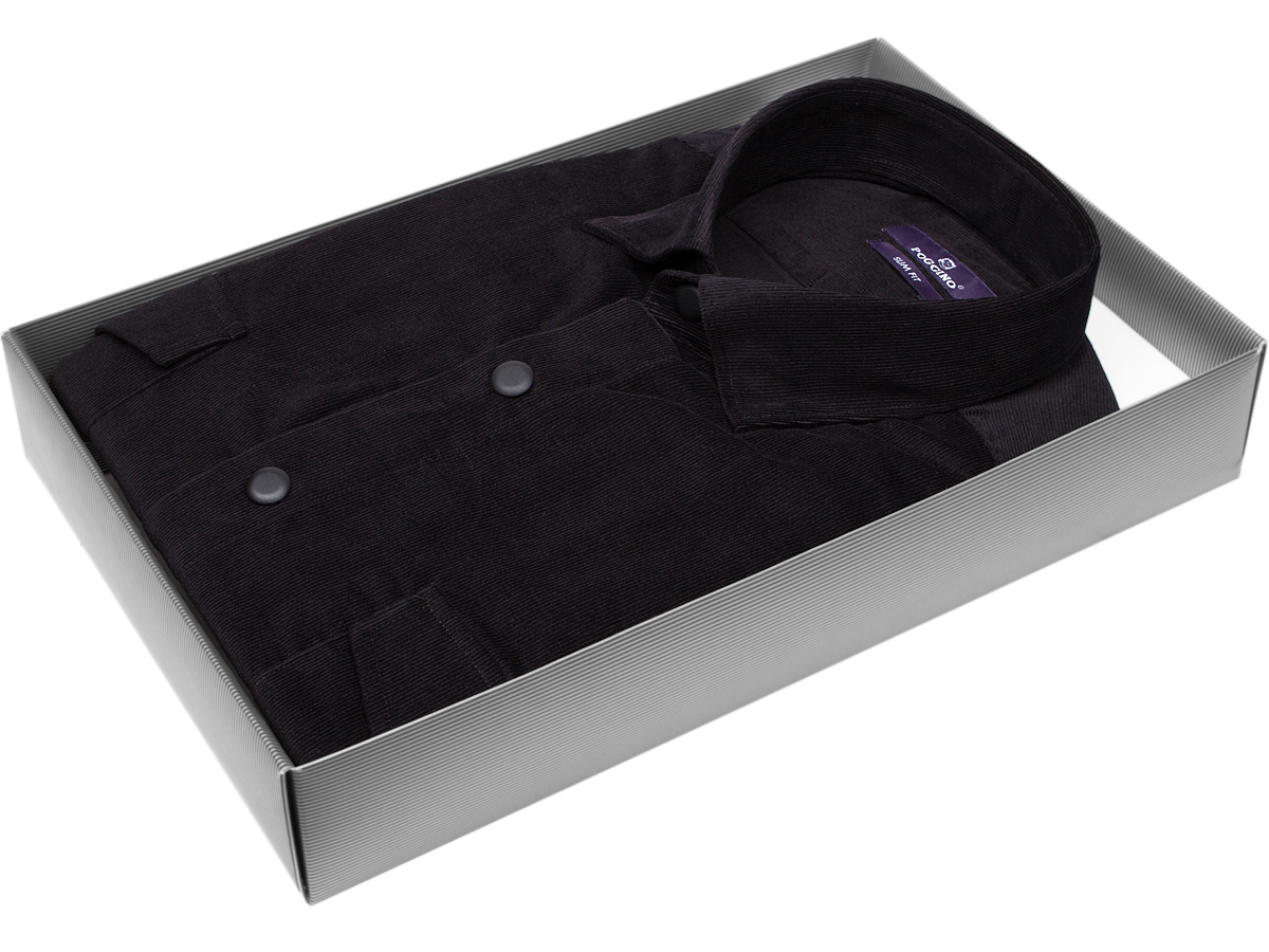 Приталенная мужская рубашка Poggino 7017-84 рукав длинный стиль casual цвет черный однотонный 100% хлопок