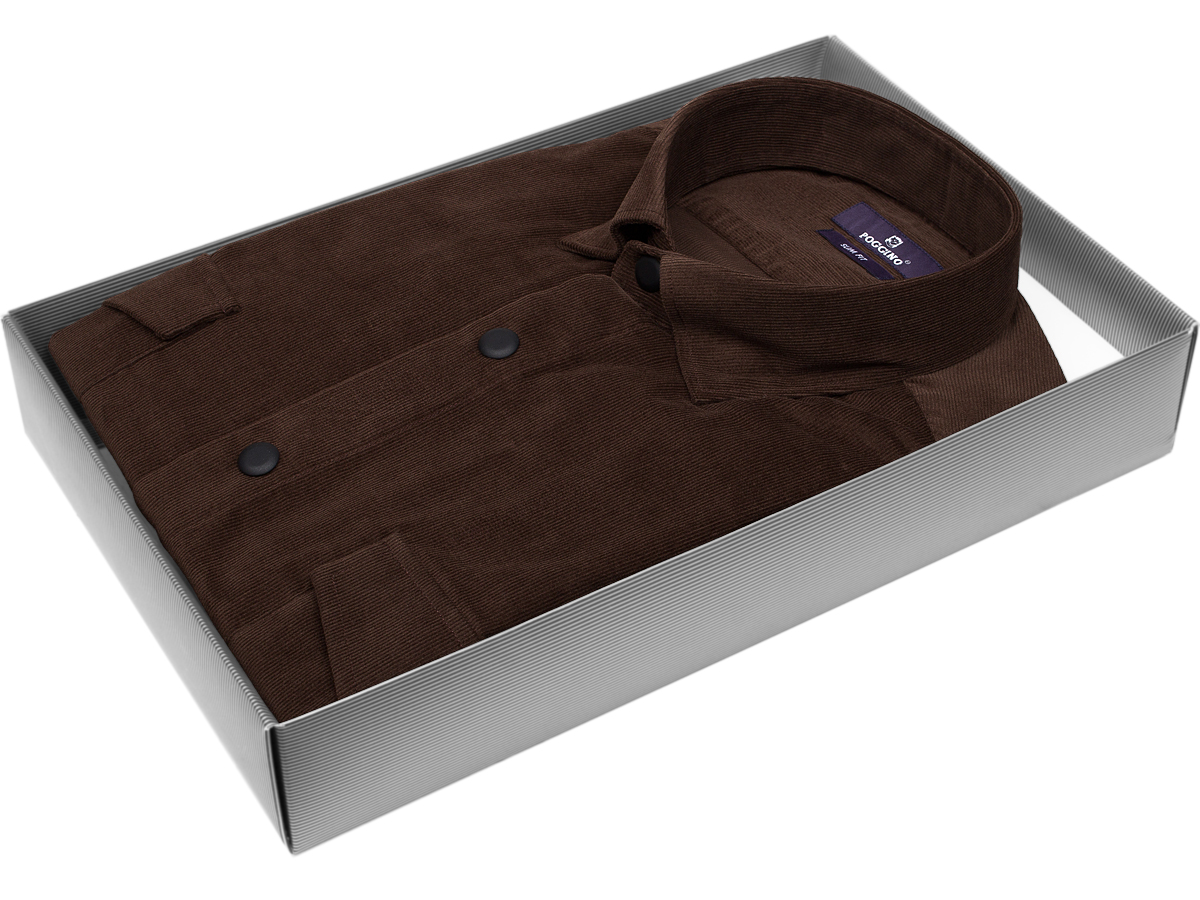Яркая мужская рубашка Poggino 7017-85 рукав длинный силуэт приталенный стиль casual цвет коричневый в полоску 100% хлопок