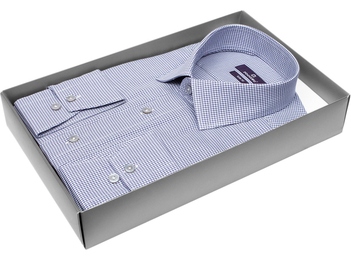 Брендовая мужская рубашка Poggino 7017-25 силуэт приталенный стиль классический цвет серо-голубой в клетку 100% хлопок