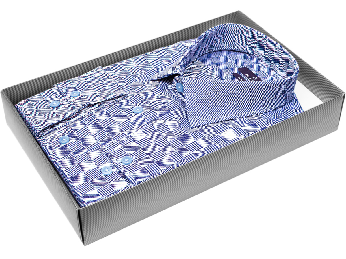 Яркая мужская рубашка Poggino 7017-76 рукав длинный силуэт приталенный стиль классический цвет синий в клетку 100% хлопок