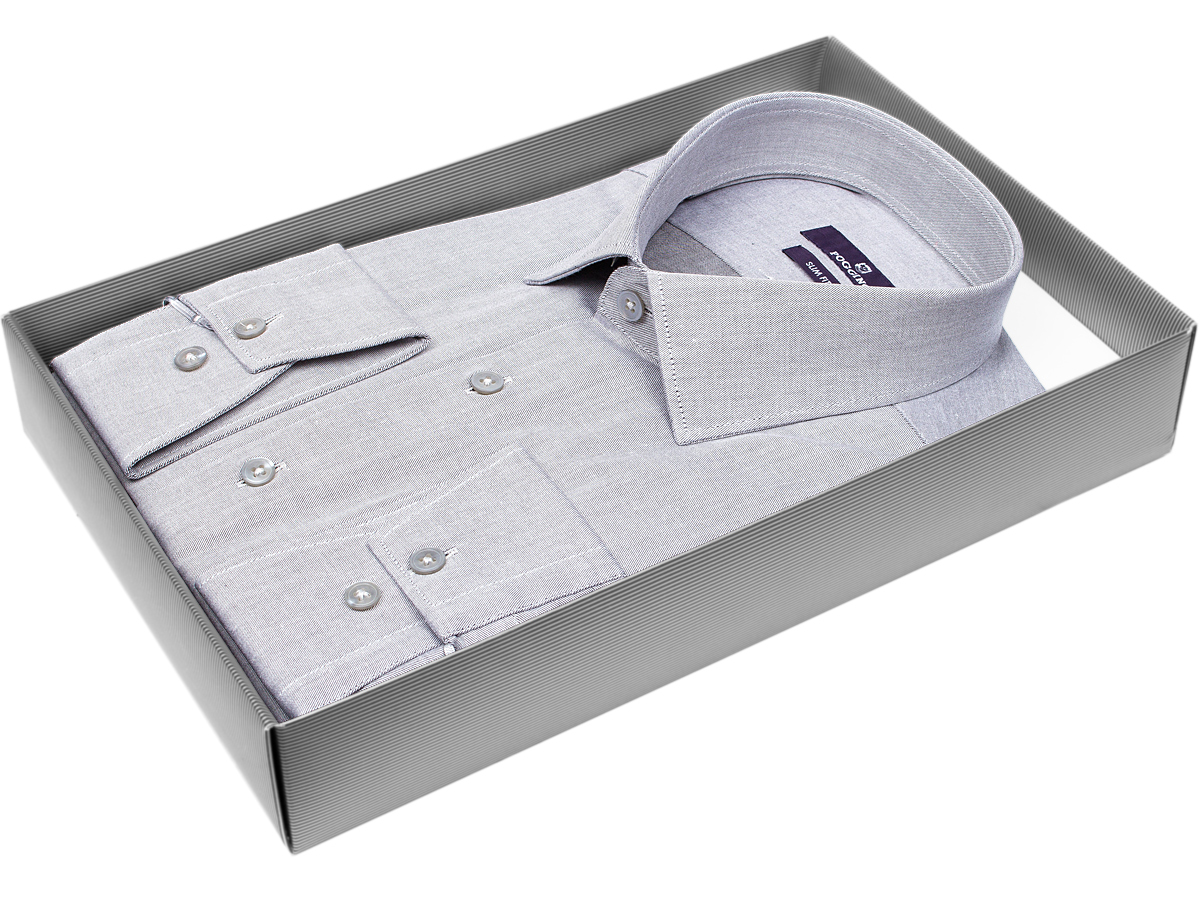Брендовая мужская рубашка Poggino 7017-73 силуэт приталенный стиль классический цвет серый меланж 100% хлопок