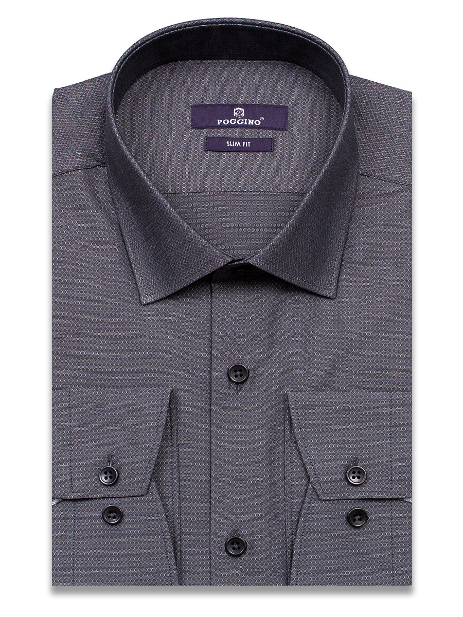 Темно-серая приталенная мужская рубашка Poggino 7017-48 в ромбах с длинными рукавами
