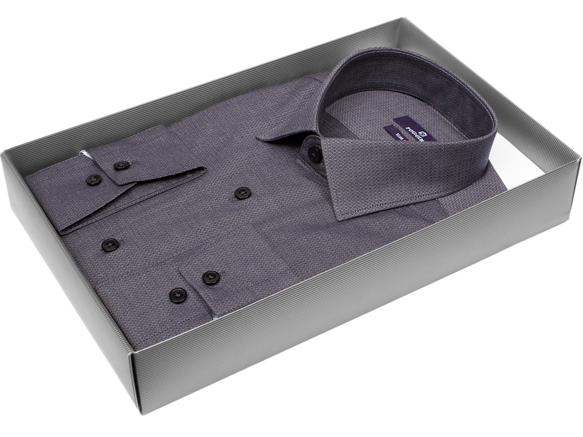 Брендовая мужская рубашка Poggino 7017-48 силуэт приталенный стиль классический цвет темно серый в ромбах 100% хлопок