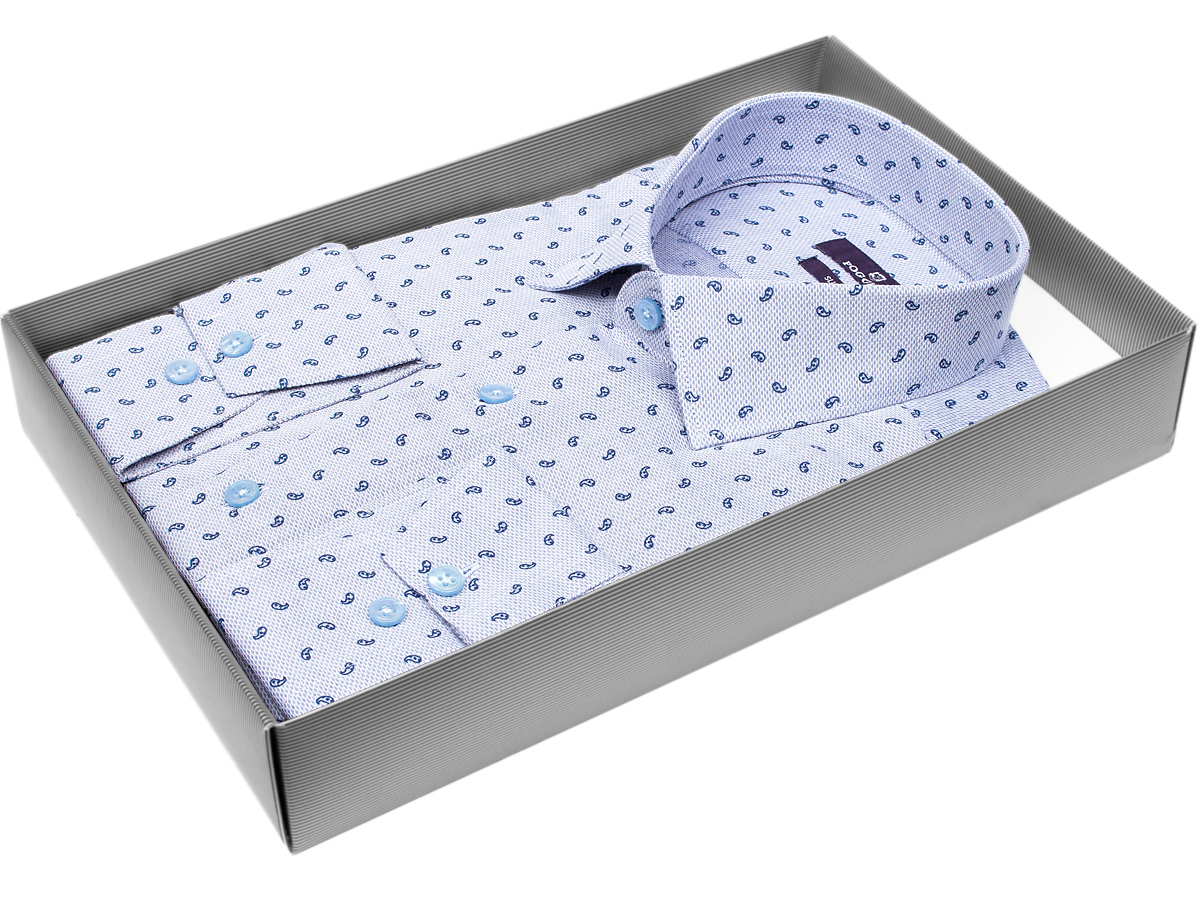 Удобная мужская рубашка Poggino 7017-66 рукав длинный силуэт приталенный стиль casual цвет светло-синий в восточных огурцах 100% хлопок