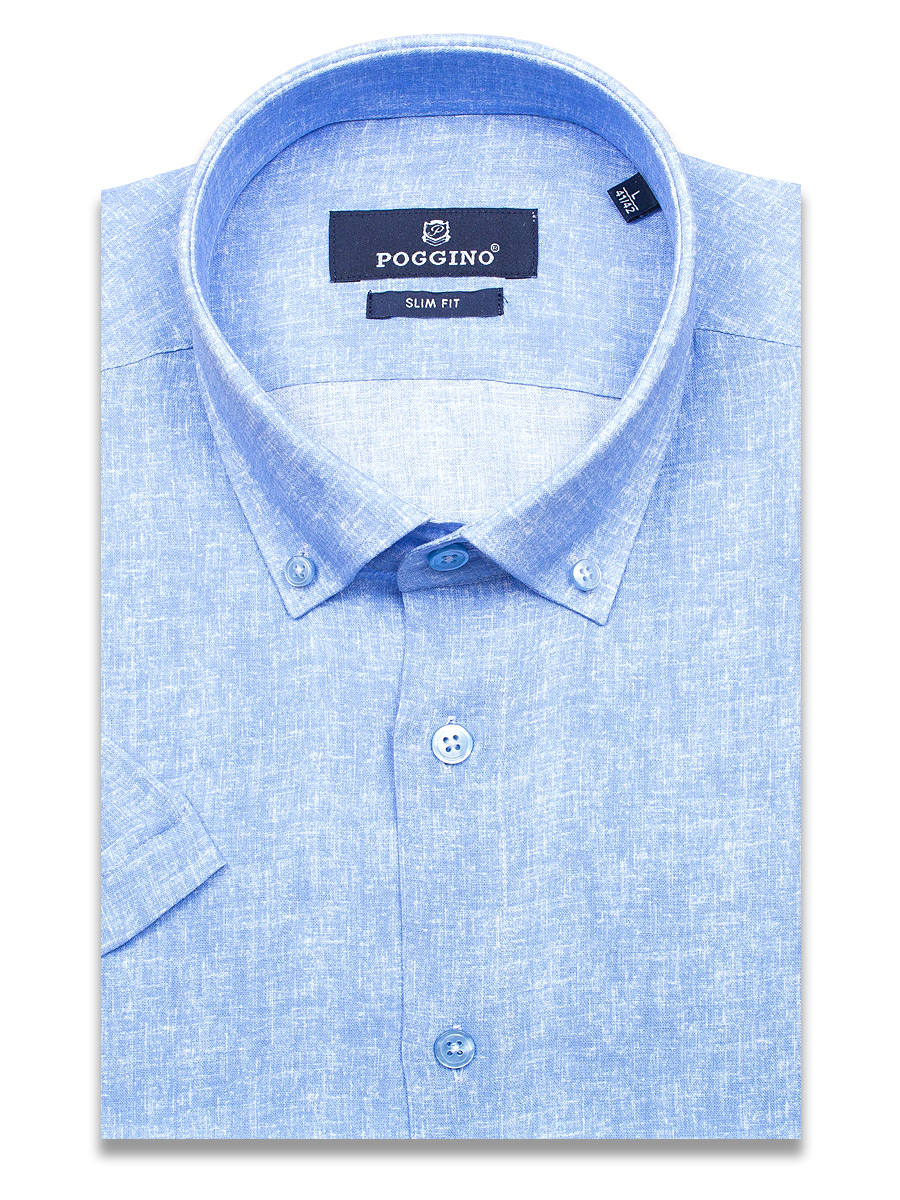 Голубая приталенная мужская рубашка Poggino 7003-65 меланж с коротким рукавом
