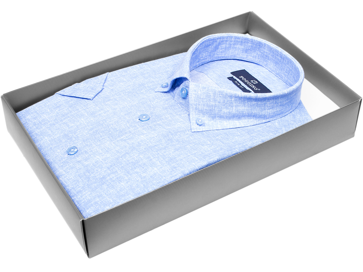 Удобная мужская рубашка Poggino 7003-65 рукав короткий силуэт приталенный стиль классический цвет голубой меланж 100% хлопок