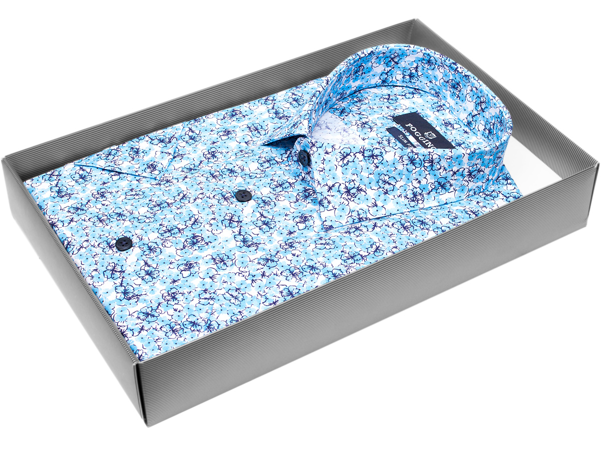 Удобная мужская рубашка Poggino 7004-11 рукав короткий силуэт приталенный стиль casual цвет бирюзовый в цветах 100% хлопок