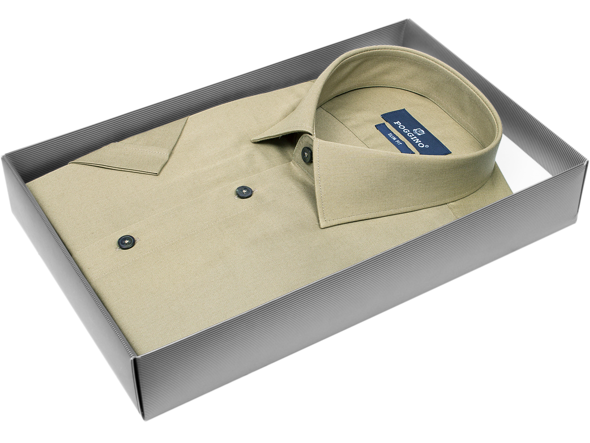 Зеленая приталенная мужская рубашка Poggino 7003-62 с коротким рукавом купить в Москве недорого