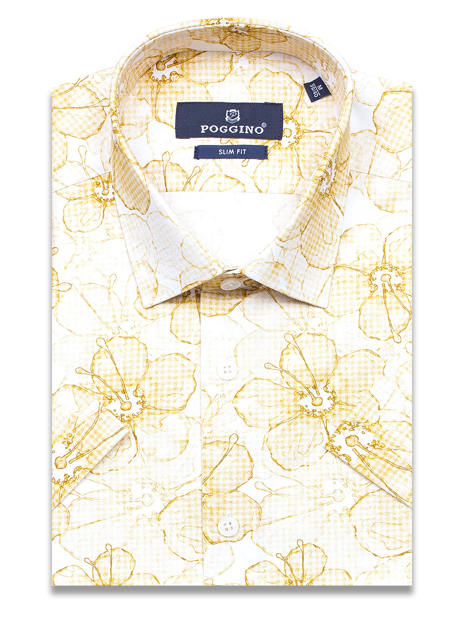 Бежевая приталенная мужская рубашка Poggino 7004-14 в цветах с коротким рукавом