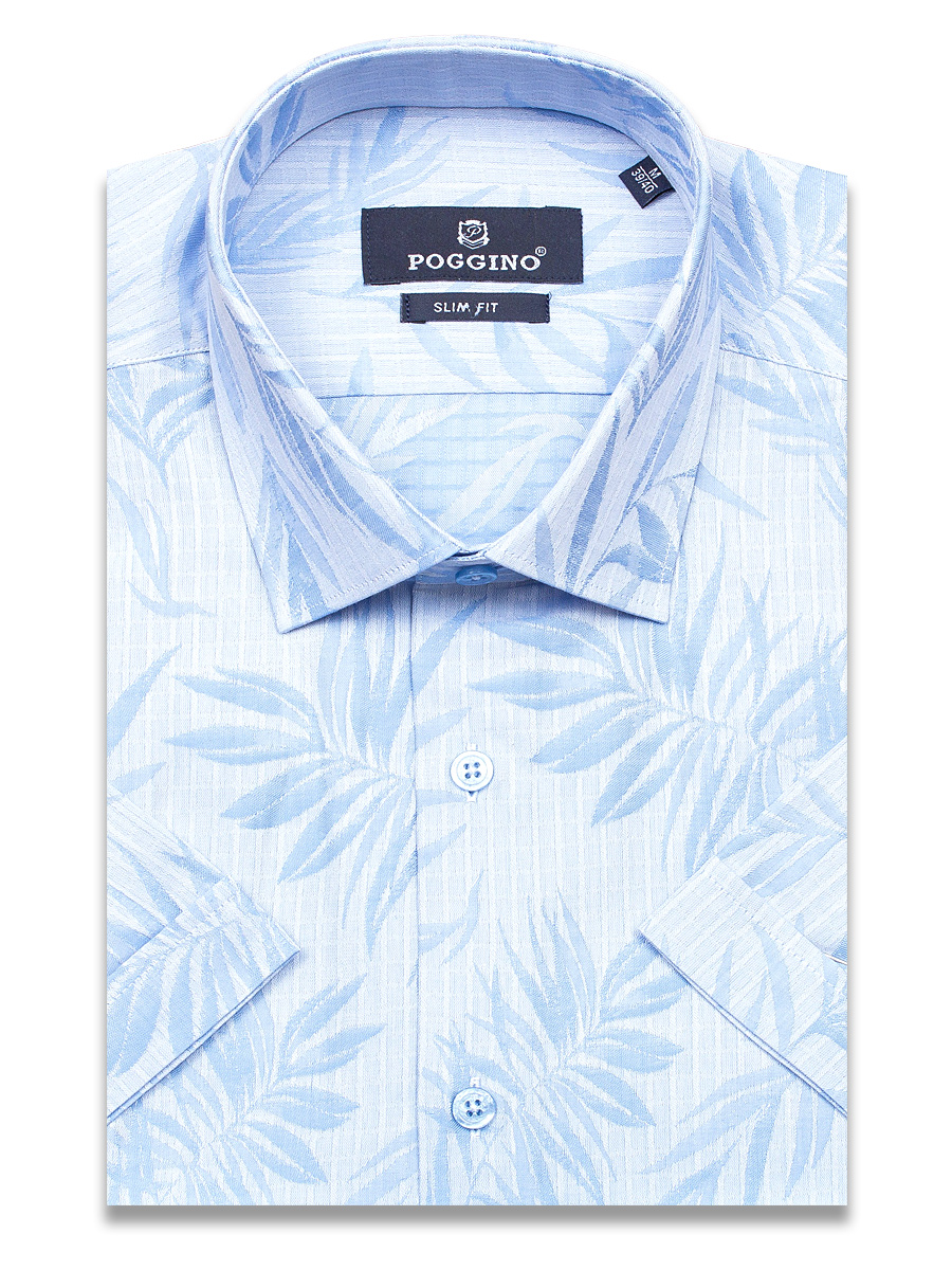 Голубая приталенная мужская рубашка Poggino 7004-50 в листьях с коротким рукавом