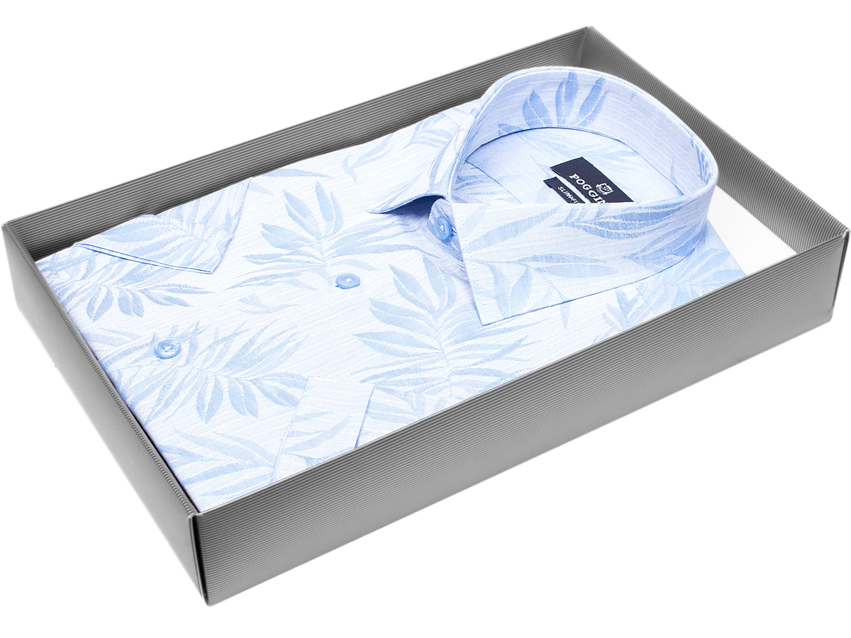 Голубая приталенная мужская рубашка Poggino 7004-50 в листьях с коротким рукавом купить в Москве недорого