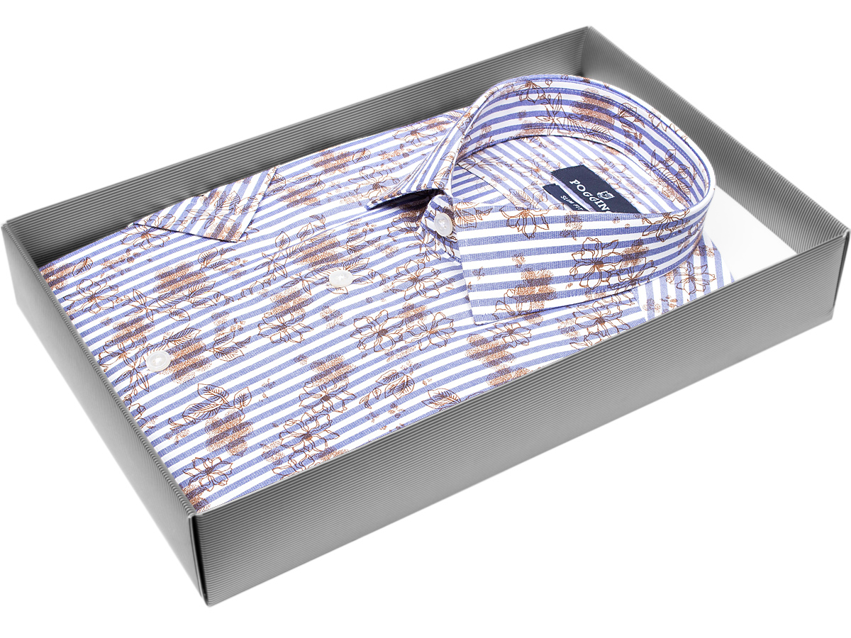Удобная мужская рубашка Poggino 7003-20 рукав короткий силуэт приталенный стиль классический цвет синий в полоску 100% хлопок