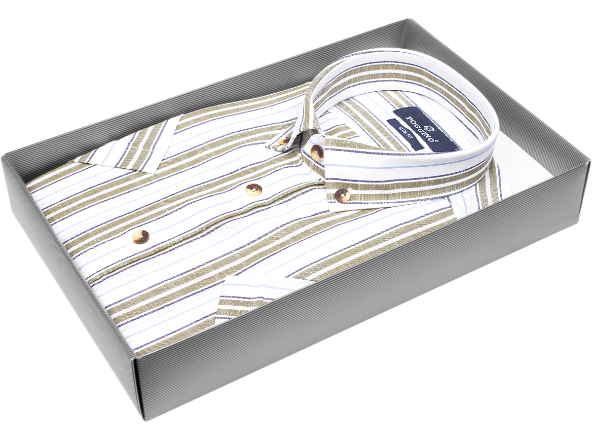 Брендовая мужская рубашка Poggino 7001-42 силуэт приталенный стиль классический цвет белый в полоску 100% хлопок