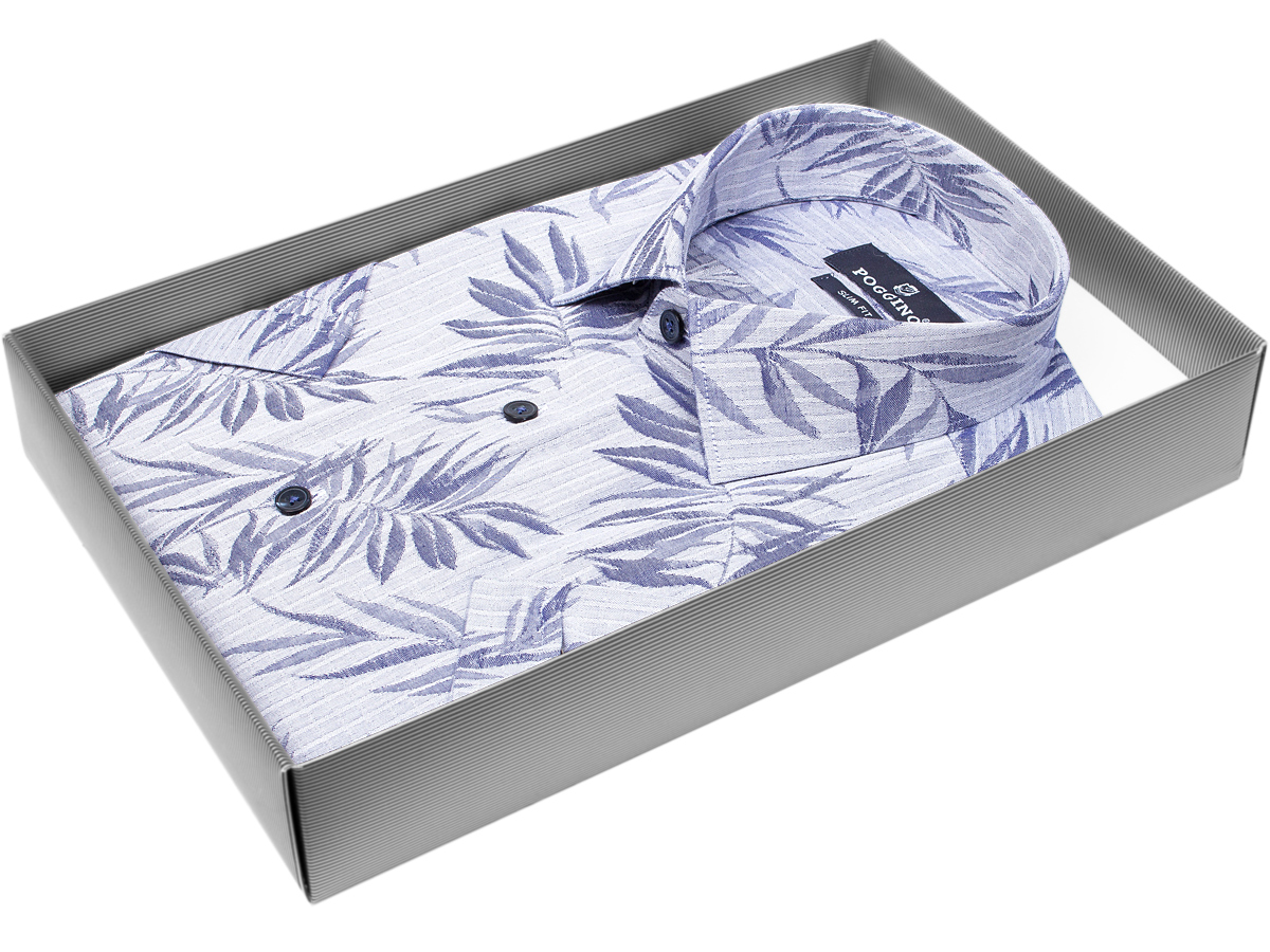 Брендовая мужская рубашка Poggino 7004-48 силуэт приталенный стиль casual цвет синий в листьях 100% хлопок