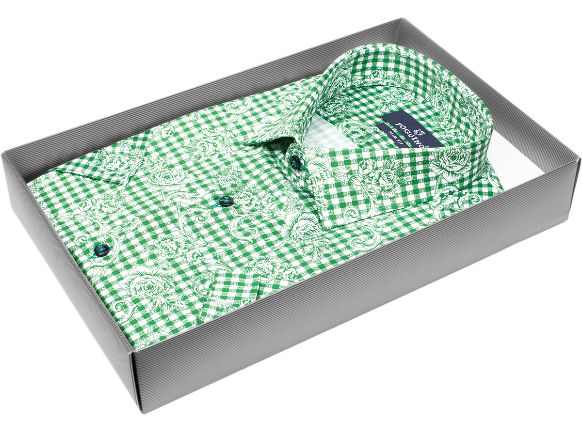 Брендовая мужская рубашка Poggino 7002-13 силуэт приталенный стиль классический цвет зеленый в клетку 100% хлопок