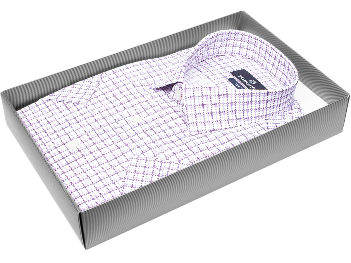 Сиреневая приталенная мужская рубашка Poggino 7004-38 в клетку с коротким рукавом