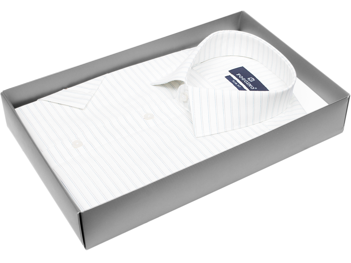 Удобная мужская рубашка Poggino 7003-49 рукав короткий силуэт приталенный стиль классический цвет белый в полоску 100% хлопок