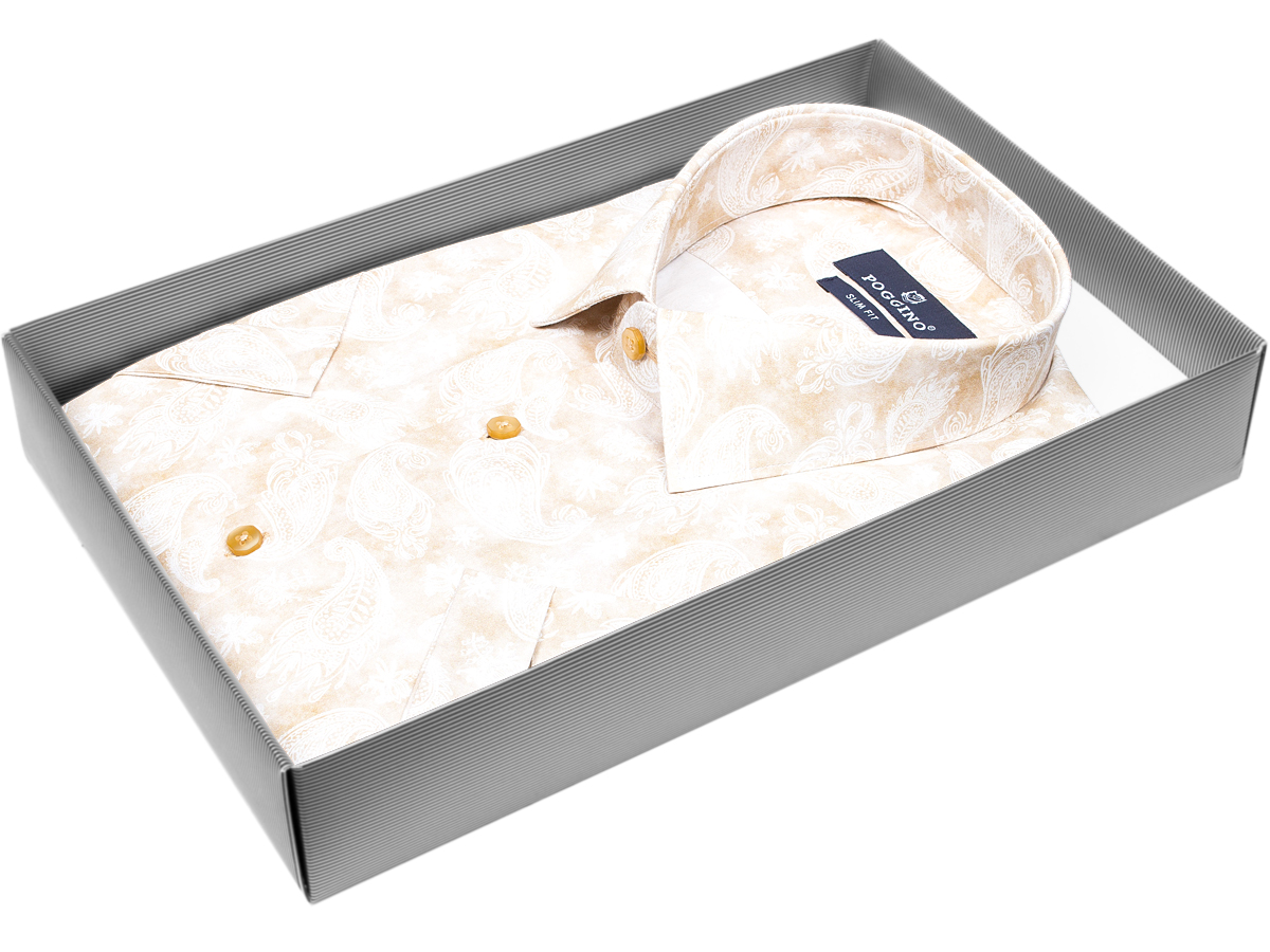 Яркая мужская рубашка Poggino 7002-20 рукав короткий силуэт приталенный стиль casual цвет бежевый в восточных огурцах 100% хлопок