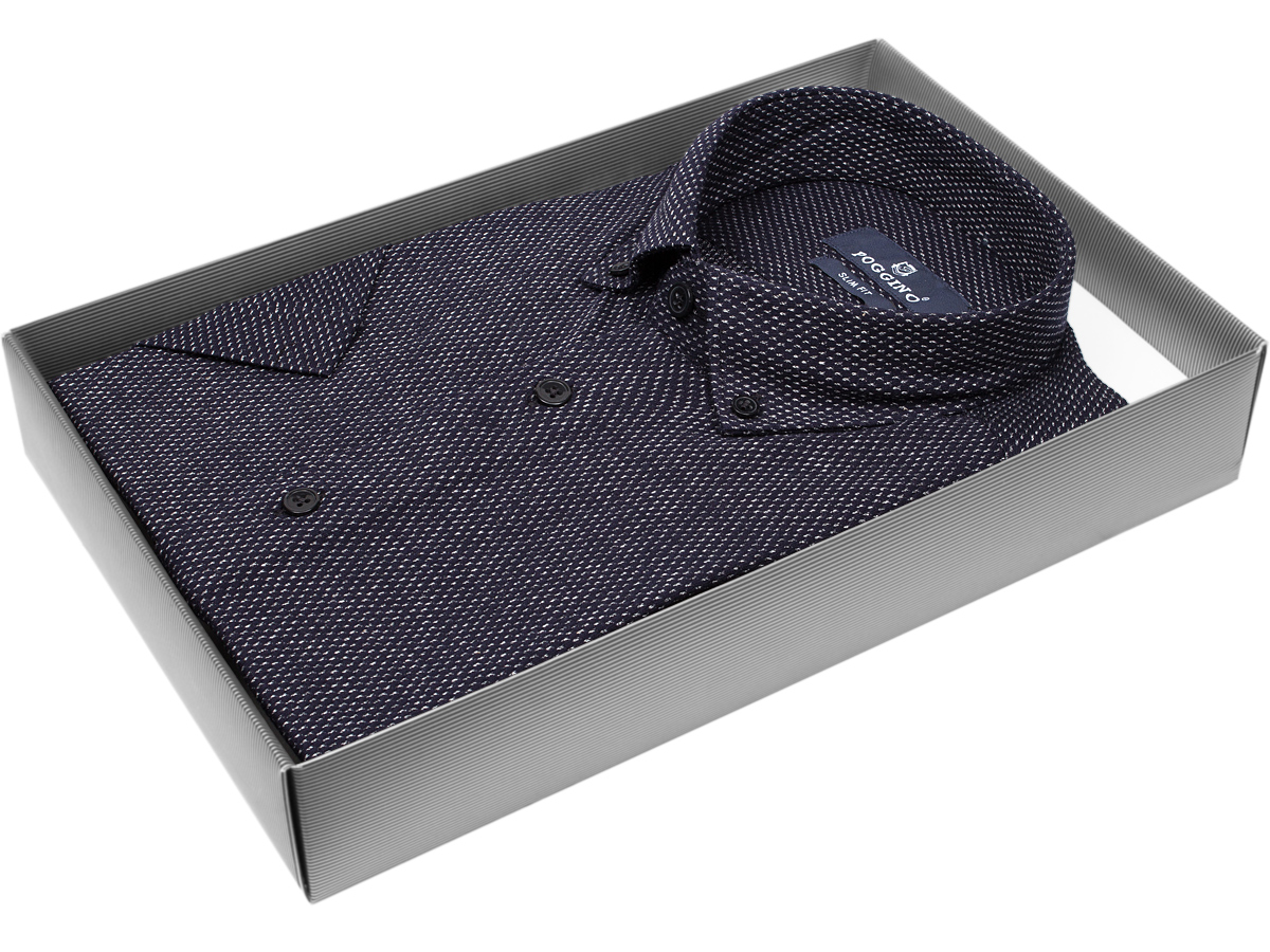 Удобная мужская рубашка Poggino 7003-67 рукав короткий силуэт приталенный стиль классический цвет черный в отрезках 100% хлопок
