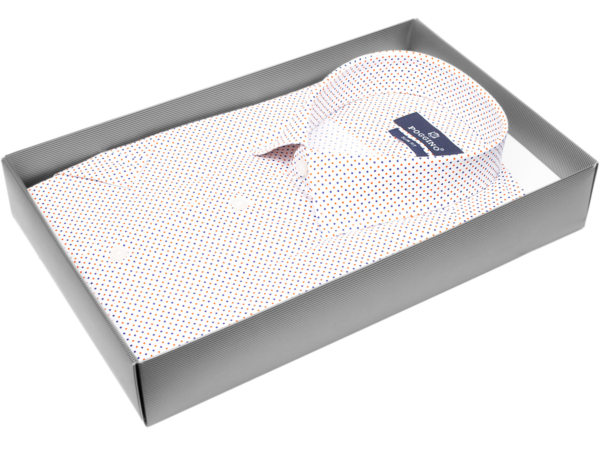 Яркая мужская рубашка Poggino 7003-15 рукав короткий силуэт приталенный стиль классический цвет белый в горошек 100% хлопок